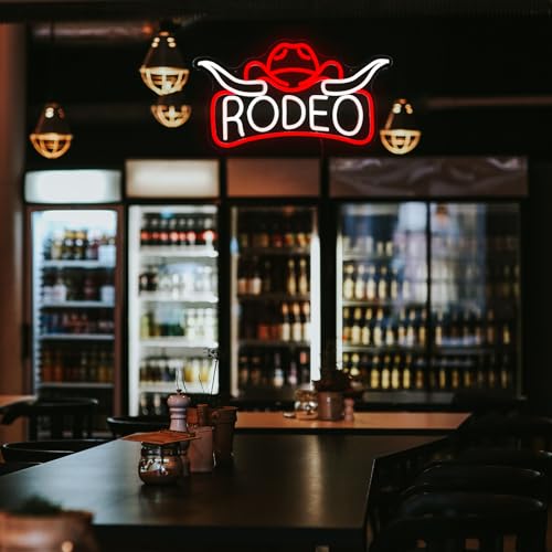 Image of Rodeo Neon Sign, Cowboy Cowgirl Hat Longhorn Led Light, Western Neon Light, Bull Horn Led Sign, Country Living Room Wall Decor, For Adult Boy Bedroom Bar Hotel Party Birthday (16.7 x 9.4 in)