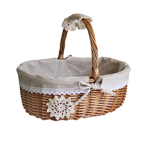 DIYEAH Cesta de Mimbre Tejida Tamaño Pequeño Forro de Lino y Encaje Extraíble Cesta Decorativa para Picnic Bodas y Almacenamiento de Alimentos para Organización Doméstica