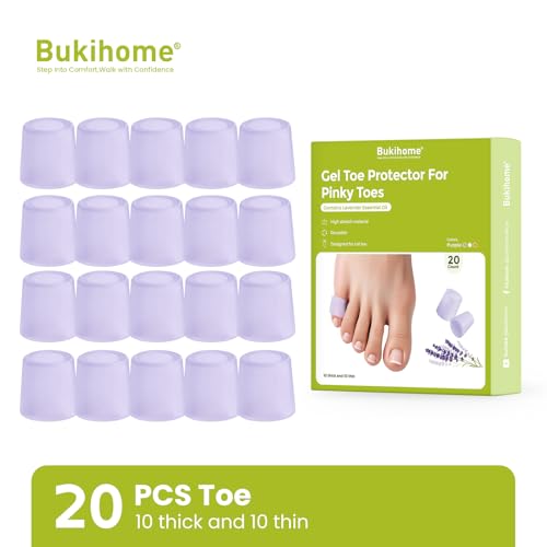 Image of Bukihome Silicone Toe Protectors - Silicone Open Pinky Toe Sleeves for Hammer Toes, Corns, Calluses, Blisters - Soft Gel Protector Toe Cushions for Pain Relief - 20 Count, Lavender (10 Thick +10 Thin)