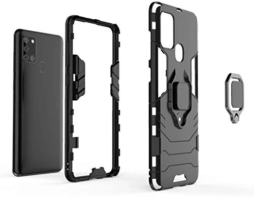 Image of FitSmart Hybrid Armor Shockproof Soft TPU and Hard PC Back Cover with Ring Case for Samsung Galaxy A21s / SM-A217F /DS - Black