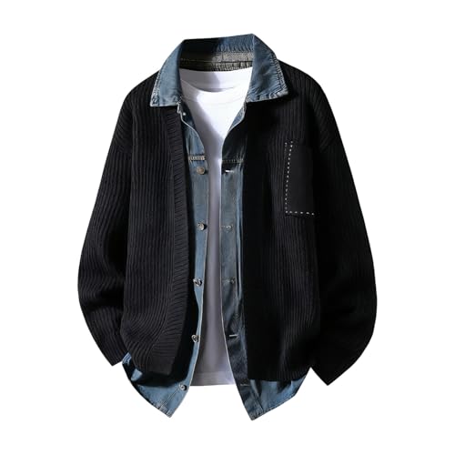 Mymyguoe Chaqueta vaquera de punto 2 en 1 para hombre, abrigo vaquero vintage, camisa vaquera con botones, cuello vuelto, abrigo de patchwork, abrigo de punto, falso, chaqueta de dos piezas, chaqueta