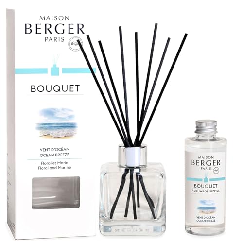 MAISON BERGER - Reed Diffuser Clear Glass Scented Bouquet - 8 Black Reed Sticks (8.3 inches) - Includes 100 Milliliters (3.4 Fluid Ounces) Fragrance Refill (Ocean Breeze)
