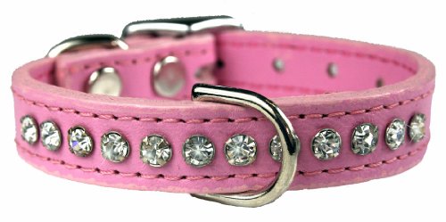 Image of Signature Leather Crystal Dog Collar, Rose Solid Grain Leather, Fits 6 inch-8 inch Neck Size, 10 inch Overall Length