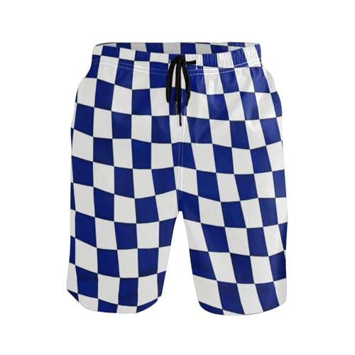Navy Blue and White Checkered Plaid Shorts for Men Lined Board Shorts Swim Trunks 8”/ 9” Long XL Plus Size Swimming