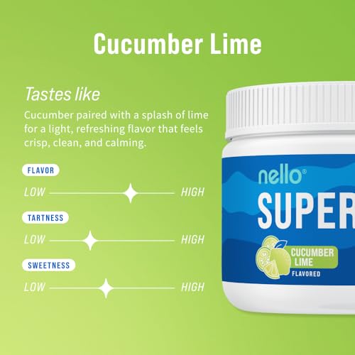 Image of Nello Supercalm Powdered Drink Mix Tub, Cortisol Reducer* and Sleep Aid Supplement, L Theanine, Ksm-66 Ashwagandha, Magnesium Glycinate, Vitamin D 3, No Sugar, Non GMO, 30 Ct, Cucumber Lime