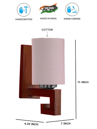 Image of Wall Lamp with Wooden Base (H- 10.9 Inch, Pinkish Grey) Wall Sconce for Bedroom /Living Room, Study Room, Hall, Home Office Decor | Indoor Lighting, Warm Ambient Night Light Lamp | Barrel Shape