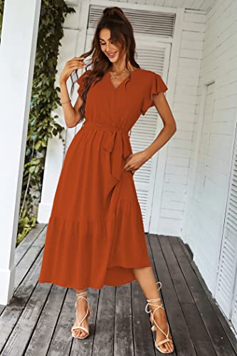 Prettygarden Women's 2023 Floral Summer Dress Wrap V Neck Short Sleeve Belted Ruffle Hem A-Line Bohemian Maxi Dresses (Solid Brick Red,Xx-Large) #TOP4