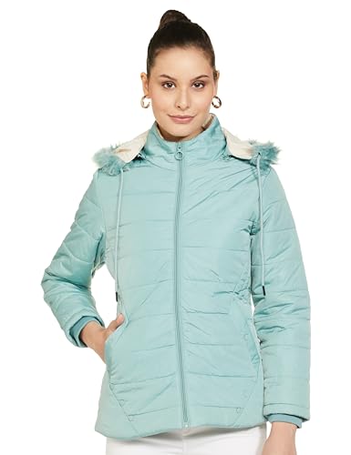 Image of Qube By Fort Collins Women's Medium-Length Bomber Jacket with Detachable Hood Stylish Winterwear for All-Day Comfort |Material: Nylon