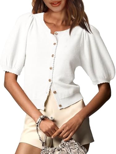 BeautyNee Puff Sleeve Cardigans for Women Crew Neck Lightweight Summer Shirts Button Down Knit Shrug Sweater Tops