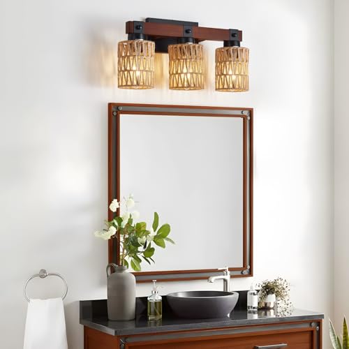 Image of 3 Light Bathroom Vanity Light Fixtures, Rustic Style Farmhouse Wood Bathroom Wall Sconce, Handmade Bamboo Woven Boho Wicker Basket Lamp Shade,Suitable for Bedroom, Hallway, and Living Room