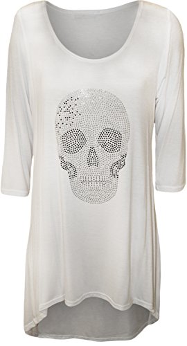 WearAll Womens Plus Size Skull Tail Back Dip Hem Ladies Long Scoop Neck Sleeve Top - White - 16