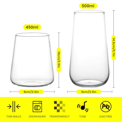 AOOTE Szklanki napojów na sok wodny, zestaw 6 szklanek do longdrinków, 450 ml uniwersalne przezroczyste szklanki wody, soku, koktajli, domu, restauracji, na imprezę, zmywarki