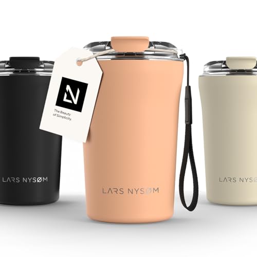 Image of LARS NYSOM Thermo Coffee Mug to go with Strap 13oz | Travel Mug 0.38 Liter with Insulation | Leak Proof Stainless Steel Thermal Tumbler for Coffee and Tea to Go (Creamy Peach, 12.9 oz)