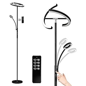 Anten KAKA | Staande lamp LED dimbaar | Zwarte vloerlamp 20W met flexibele 7W leeslamp | Moderne plafondschijnwerper met afstandsbediening 2000LM met 4 kleurtemperatuur voor woonkamer, slaapkamer, kantoor, hotel