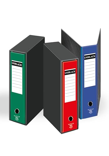Il faldone portadocumenti UNIBLACK presenta una robusta struttura in cartone rivestito . È dotato di un meccanismo ad anelli robusto , con leva fermafogli , che assicura una facile gestione e archiviazione . Il dorso da 8 cm. è l'ideale per contenere grandi quantità di documenti. Fornito in set da 3 pezzi ,nei colori verde blu e rosso , esteticamente gradevole e perfetto per qualsiasi contesto lavorativo.