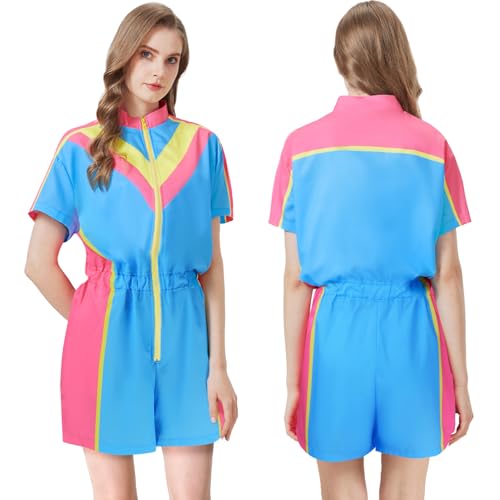 80s Outfit for Women Color Block One Piece Windbreaker Outfits for Women Neon Short Sleeve Zip Front Elastic Waist Jumpsuit3