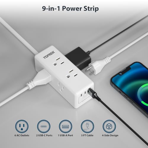 2 Prong Power Strip, TOPREK 2 Prong to 3 Prong Outlet Adapter, 1440J 2 Prong Surge Protector with 6 Outlets & 3 USB, 5FT 2 Prong Extension Cord with Swiveling Flat Plug, Ideal for Non-Grounded Outlet - image 3
