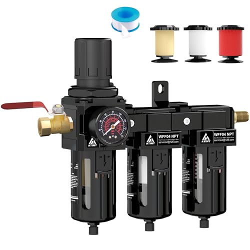 ATINY Three Stage Air Drying System, 1/2\" NPT Air Dryer System Air Compressor Filter Dryer,5 &0.5 &0.01 Micron Filter Cartridge,Air Pressure Regulator Combo,Semi-Auto Drain,with Ball Valve