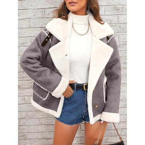 Womens Faux Fur Sherpa-Lined Jackets Fuzzy Fleece Lapel Long Sleeve Coat Suede Jacket Sherpa Lined Leather Winter3