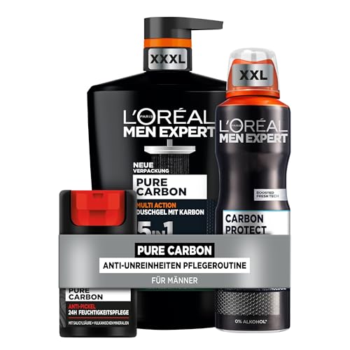 L'Oréal Men Expert 5in1 Pflegeset gegen Unreinheiten für Männer, Mit XXXL Duschgel, XXL Deospray und Gesichtscreme, Set für Herren mit Karbon, Pure Carbon, 3-teilig