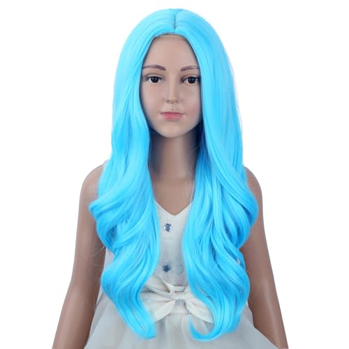 Image of Light Blue Wig Long Blue Middle Part Wig Long Wavy Curly Wigs Heat Resistant Synthetic Wigs for Daily Party Use