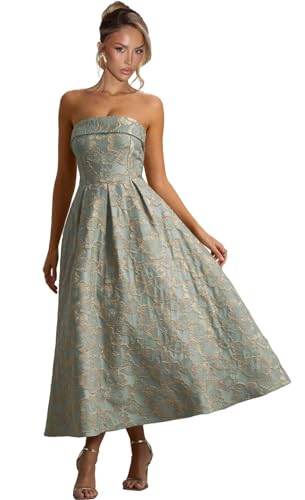 Jacquard Satin Bridesmaid Dresses for Women Strapless Midi Wedding Guest Dress A Line Formal Evening Gown