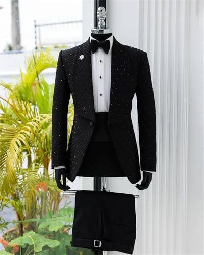 Men's 2 Piece Slim Fit Cotton Square Patterned Jacquard Shawl Lapel Tuxedo Suit with Rhinestone Suit for Wedding Prom3