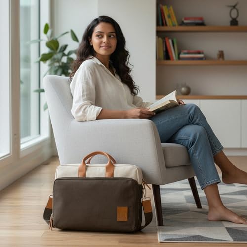 Image of DailyObjects 100% Cotton Canvas Commute Laptop Messenger Bag for Men & Women | Travel Shoulder Handbag With Trolley Sleeve | Metal Zip Closure | Leather Handles | Padded Laptop Compartment For 14 inch