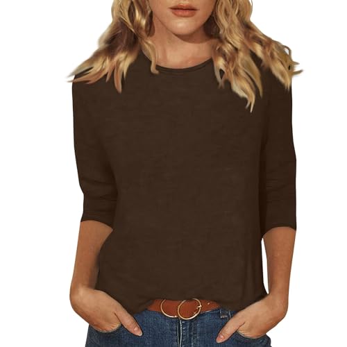 T-Shirt Damen 3/4 Ärmel Tshirt Damen Frühling Tops Frühling Sommer Sport Oberteile Leichtgewicht Rundhals Pullover Casual Elegant Bluse T-Shirts Mode Dreiviertel-Ärmel 2026 04-Kaffee XL