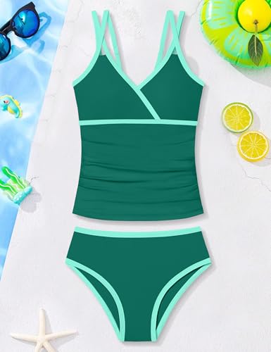 Image of Girls Swimsuit 2 Piece Bathing Suit Criss Cross Ruched Girl Tankini Sets Printed Girls' Swimwear for 9-18 Years