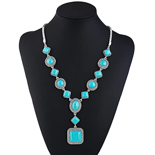 Bohemian Turquoise Necklace Set - Women's Western Jewelry with Long Choker, Pendant, Dangle Earrings, Layered Bracelets4