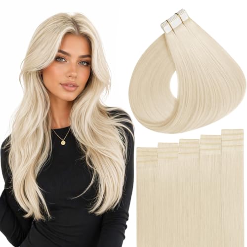 Image of Full Shine Genius Weft Human Hair Tape in Extensions Color 1000 Platinum Blonde 24 Inch Invisible Double Sided Tape in Extensions Real Human Hair 50g Seamless Hand Tied Weft 20PCS for Party