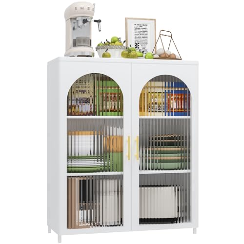 Farmhouse Coffee Bar Cabinet Metal Kitchen Sideboard Buffet Cabinet with Glass Doors Adjustable Shelves White Bar Glass Cabinet Console Table for Dining Living RoomHallwayEntryway