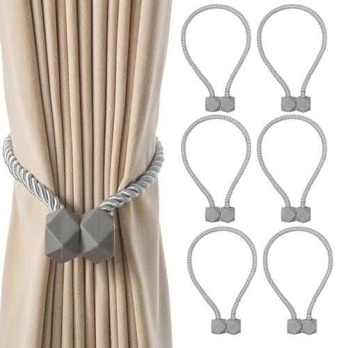 Image of TIED RIBBONS Set of 6 Magnetic Handmade Decorative Curtain Tiebacks Thicker (Grey, 18 Inch) - Twist Rope & Strong Tieback Holdbacks Draperies Holders Decorative for Window Sheer Drapes Indoor Outdoor