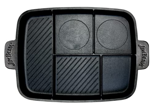 Jim Beam Frigideira de ferro fundido 5 em 1 resistente com retenção de calor superior e 5 áreas de cozinha separadas, 38 cm, preta