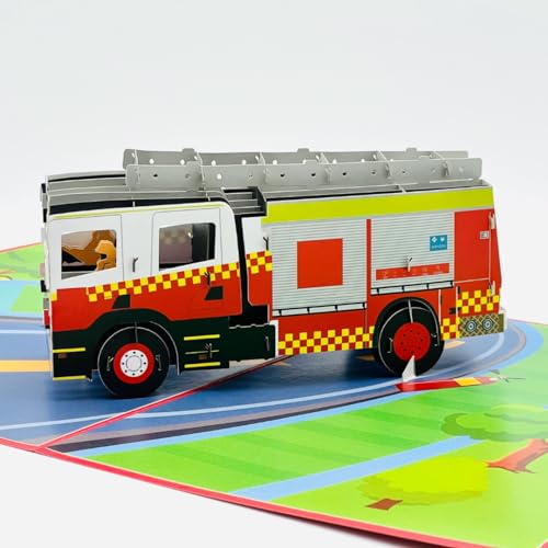 Three Dee Cards Detailed Fire Engine Pop-Up Greeting Card - Perfect for Firefighter Enthusiasts, Birthdays, and Special Occasions