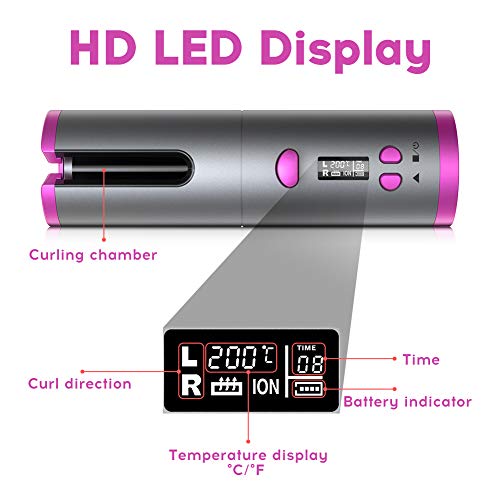 Cordless Auto Curler, Automatic Curling Iron, Rechargeable Auto Hair Curler with 6 Temperature & Timer Settings, Auto Shut-Off Portable Curling Wand for Hair Styling Anytime, Anywhere