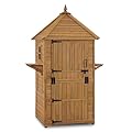 MCombo Large Outdoor Storage Shed with Lockable Door and 6 Shelves, Outside Tall Tool Wooden Cabinet with Double Foldable Tables for Patio Yard Lawn 2645 (Natural)