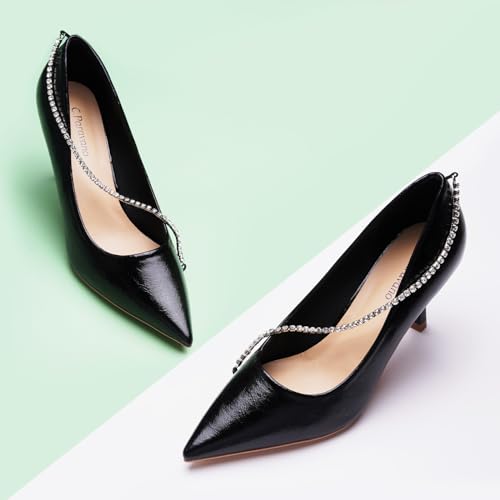 C.Paravano Women's Pumps | Crystal Chain Heels | Pointed Toe Kitten Heel | Comfortable Dress Shoes | Elegant Party Wedding Designer Shoes(Size 6.5,Black)2