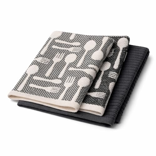 Image of Set of 3 Kitchen Towels, Ultra-Absorbent Cotton Hand Towels, 18 x 28 Inch Vintage Modern Black & White Cutlery Pattern Dish Towel Oeko-TEX Certified