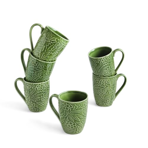 Image of ExclusiveLane 'Green Flora' Ceramic Coffee Mugs Set of 6 (Set of 6, 290 ml, Microwave and Dishwasher Safe, Hand-Embossed) | Ceramic Coffee Mug Coffee Cup Set of 6 Tea Mugs Set Tea Cups Ceramic Mugs