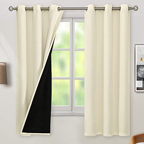 Image of BGment Cream 100% Blackout Curtains for Bedroom 63 Inch Length 2 Panels Set, Thermal Insulated Full Light Blocking Grommet Noise Cancelling Window Curtains&Drapes with Black Liner, 42 Inch Wide Each