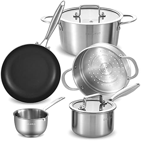 Delarlo Cookware Set of 6, Whole body Tri-Ply Stainless Steel Cookware Set, Heats quickly Cookware, Suitable for All Stove Kitchen, Pots and Pans sets Cover