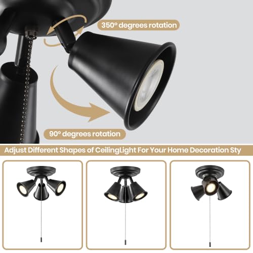 Image of 3‑Head Adjustable Ceiling Spot Light with Pull Chain, Matte Black Semi‑Flush Mount Ceiling Light Fixture, Multi‑Directional Rotatable Spotlight E26 for Hallway Kitchen Bedroom