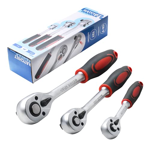 Der Erwachte 3-Piece Ratchet Set, 1/4", 3/8", 1/2" Drive Ratchet Handle, 72-Tooth, Quick-Release Reversible，Drive Ratchet Socket Wrench，Chrome Vanadium Steel Made #TOP8