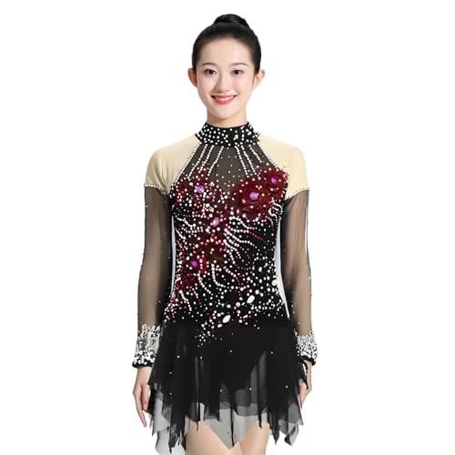 Girls' High Elasticity Figure Skating Dress, Women's Competition Ice Skating Dress with Diamonds, Customizable(XL) Black
