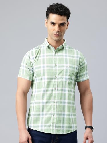 Image of Majestic Man Men Slim Fit Pure Cotton Checkred Half Sleeve Casual Shirt