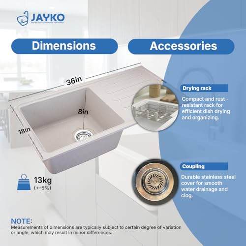 Image of JAYKO Quartz Acrylic Kitchen Sink for Modular Kitchen | Granite Finish, Scratch & Heat Resistant | Easy to Clean & Stylish Sink for Home (RA, 36x18in)