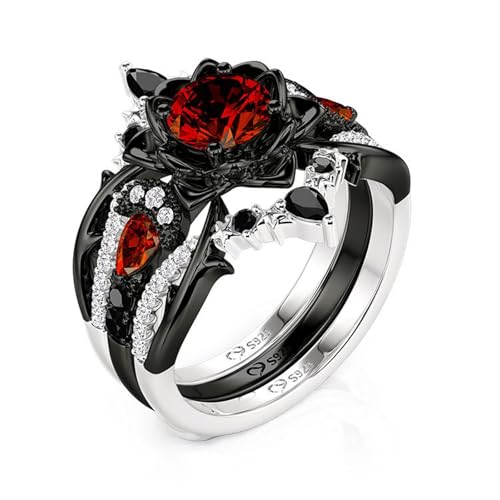Image of Jeulia 2PCS Wedding Ring Set Black Tone Red Gemstone Three Stone Ring Moon Star Motifs Gothic Stackable Bridal Ring Set Vintage Floral Engagement Promise Jewelry Gift for Women