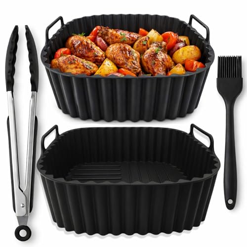 Air Fryer Silicone Liners 2 Pack for 4–7QT Square Basket – Reusable Nonstick Food-Grade Silicone Air Fryer Basket Liners – Dishwasher Safe, Includes Tongs & Basting Brush
